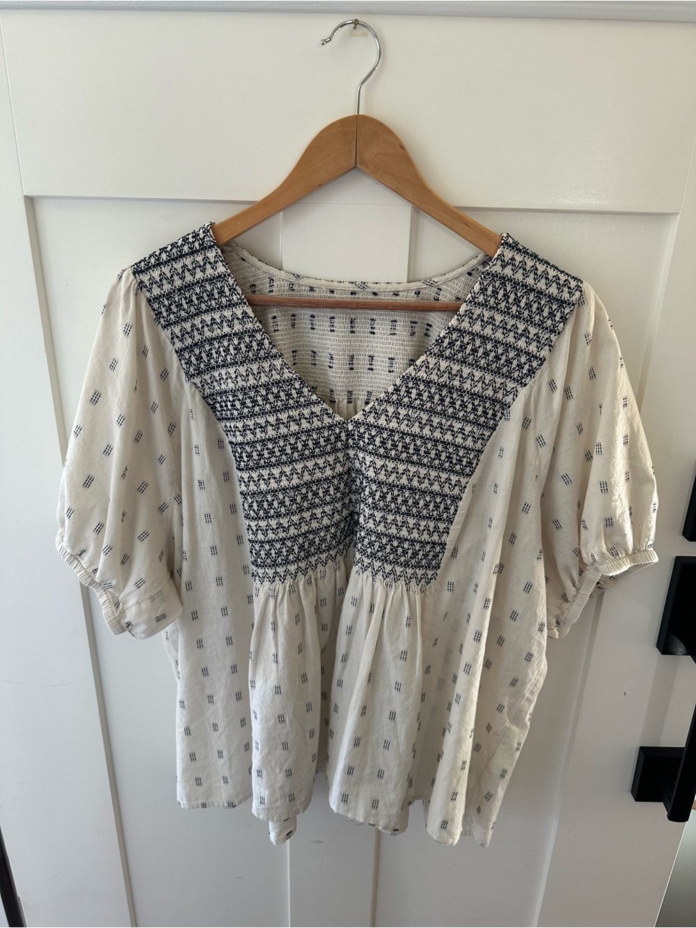 Madewell Cream Blouse with Navy Smocked V-Neck